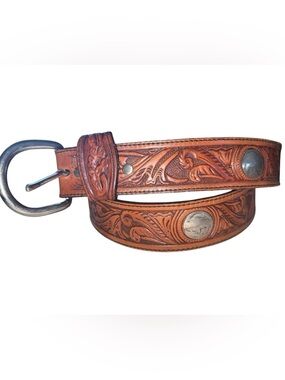 Silver Creek Buffalo nickels Tooled Leather Men's Belt - Brown 🦬